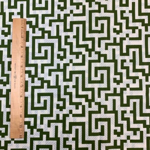 Vintage Fabric 1970s Geometric Maze Meander Print 2 yds + 20" x 44" Green White Sewing Material