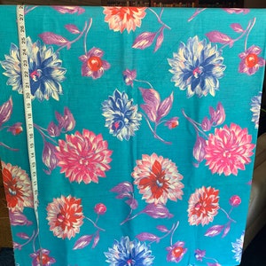 Vintage Lightweight Bright Blue With Pink Purple Painted Oversized Floral Fabric Material 1.5 yds x 44&quot;