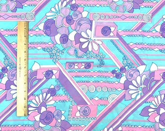 Vintage Fabric 70s Synthetic Crepe Abstract Mod Floral Fabric Semi Sheer 2 yds x 45" Blue Purple Pink Sewing Material