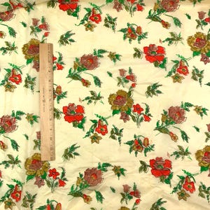 Vintage Fabric 80s Sketched Abstract Sheer Floral Flowers Paisley Dress Fabric Drapey 5 yds x 46&quot; Tan Yellow Red Green Sewing Material