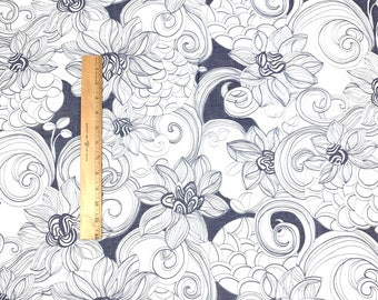 Vintage Fabric Mod Oversized Swirly Floral Flowers Abstract Sketched Sheer 2 yds + 33" x 45" Blue White Sewing Material