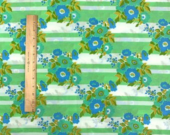 Vintage Fabric 70s Floral Flower Striped Mod Synthetic Drapey Crepe Lightweight 3 yds + 30" x 46" Green White Blue Sewing Material