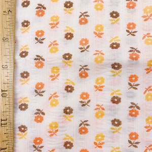 Vintage Fabric Mod Retro Floral Flowers Seersucker 1 yd + 11" x 44" Orange Yellow White Brown Sewing Material