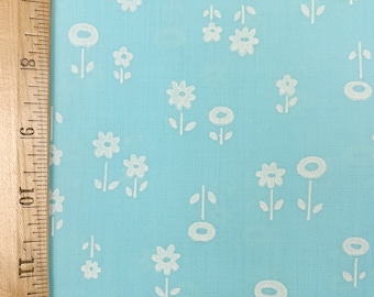 Vintage Fabric Mod Daisies Floral Flowers Painted Overprinted 2 yds x 45" Blue White Sewing Material