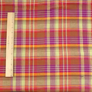 Vintage Fabric Woven Madras Plaid Colorful 2 yds + 29" x 44" Orange Purple Red Green Brown Sewing Material