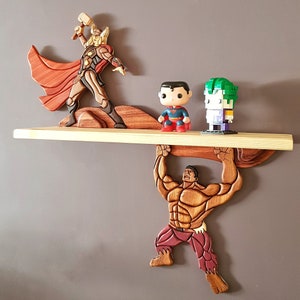 Heroes Hulk and Thor Wooden Wall Shelf, Handmade Intarsia Superhero Decor for Kids Room or Office, Unique Gift for Him or Comic Fans