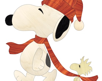 May include: A wooden cutout of Snoopy and Woodstock wearing red and brown winter hats and scarves. Snoopy is walking and holding a leash attached to Woodstock.