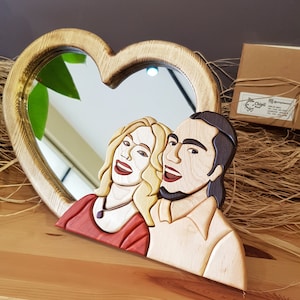 Personalized Heart Mirror: Intarsia Wood Couple Portrait, Handmade Decor