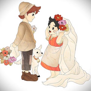 May include: A girl in a white dress and flower crown holds a veil while a boy in a brown jacket and pants holds a bouquet of flowers. A white goat stands between them.