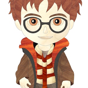 May include: A wooden art piece depicting a cartoon character with brown hair, glasses, and a striped shirt. The character wears a brown coat with an orange and red lining. The artwork is made of various wood tones.