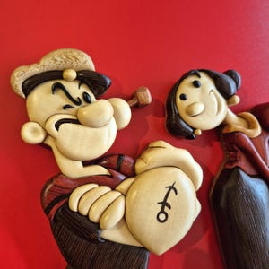 Popeye et Olive Oyl, motif intarsia en bois, dessin animé nostalgique, animation classique, modèle de menuiserie, décoration intemporelle, motif numérique