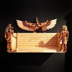 Ancient Egyptian Wooden Shelf with Cleopatra and Guardians, Handmade Intarsia Wall Art, Boho Room Organizer, Gift for Egypt Lovers