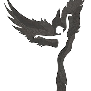 May include: A dark grey wooden carving depicting a phoenix in flight. The artwork shows detailed wing and tail feathers, with a lighter figure at the centre, set against a white background. The design evokes themes of rebirth and transformation.