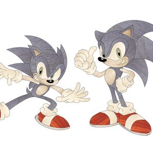 Pode incluir: Duas ilustrações de Sonic the Hedgehog. Uma mostra Sonic em uma pose de corrida, e a outra mostra Sonic dando um joinha. Ambos os personagens têm pele azul, pele bronzeada e sapatos vermelhos e brancos.