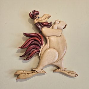 Playful Rooster Intarsia Pattern, Cartoon Farm Animal Scroll Saw Template, Handmade Woodworking Design