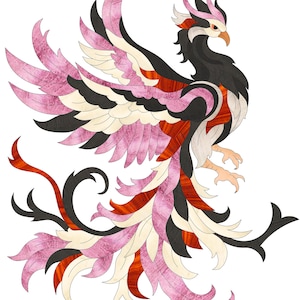 Puede incluir: Un mosaico de madera colorido e intrincado de un fénix con plumas rosas, rojas, negras y blancas. El fénix está en una pose estilizada, casi abstracta, con sus alas extendidas.
