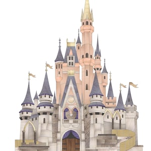 May include: Illustration of a fairytale castle with multiple towers and spires. The castle features a light pink and gray color scheme with blue and gold accents. Flags fly from some of the towers. The castle has a wooden door and a stone base.