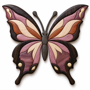 May include: A decorative wall hanging shaped like a butterfly, crafted from segmented pieces of wood in varying natural tones including dark brown, light cream, reddish-brown, and muted purple, featuring a symmetrical wing pattern and antennae.