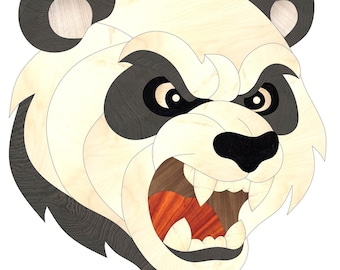 Intarsiamönster med arg panda, väggkonst med djuransikte i trä, PDF-design (digital nedladdning)