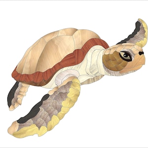 Puede incluir: Una tortuga de madera con una concha de color marrón, rojo y crema. La tortuga tiene un ojo negro y una cabeza marrón.