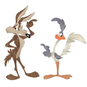 May include: A cartoon coyote with brown fur and a pointed snout stands with his right arm raised and his left hand on his hip. He is looking to the right. A cartoon roadrunner with grey feathers and a long neck stands with his right wing raised and his left leg forward. He is looking to the left.