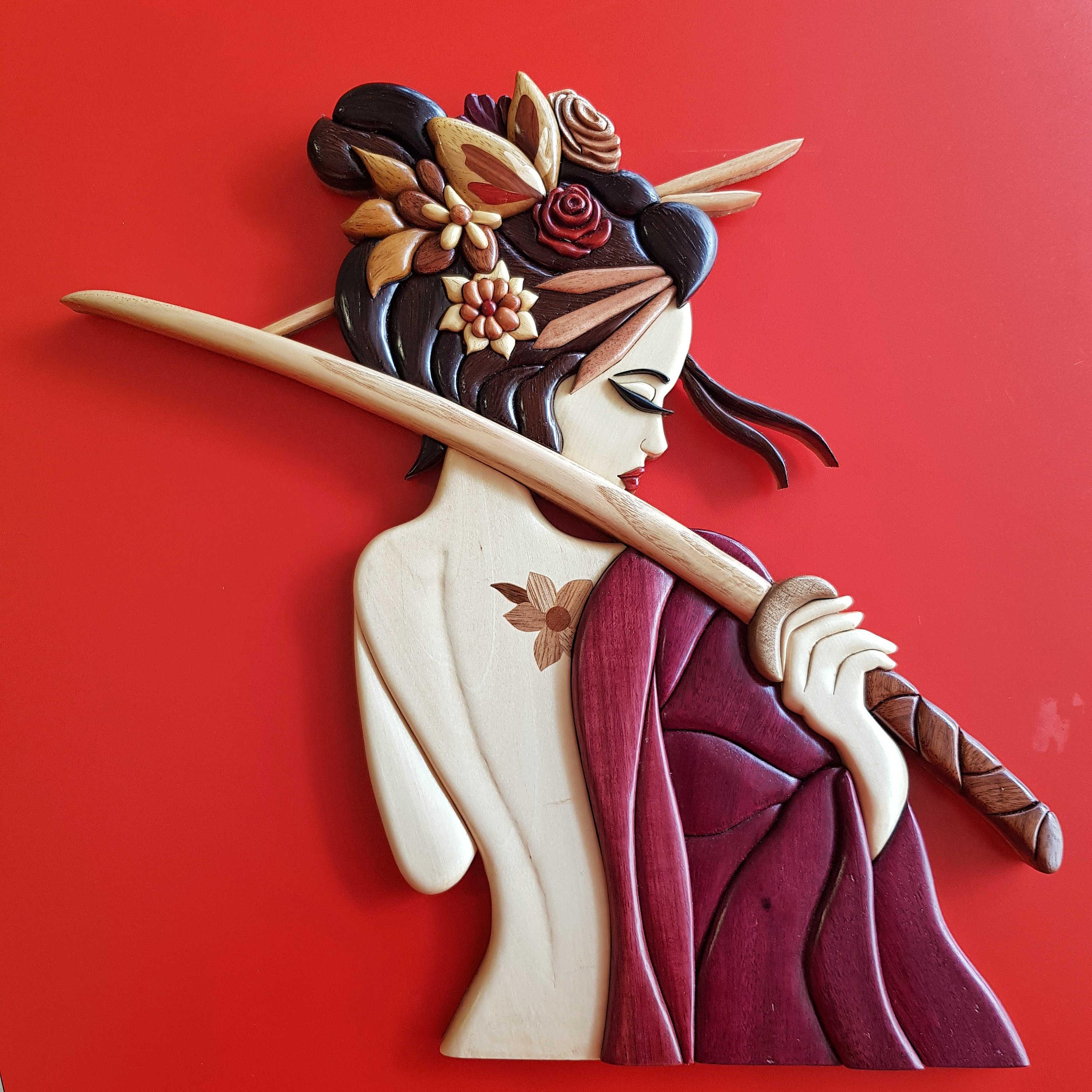 Handmade Geisha Intarsia Wood Wall Art: Tattoo & Cherry Blossoms