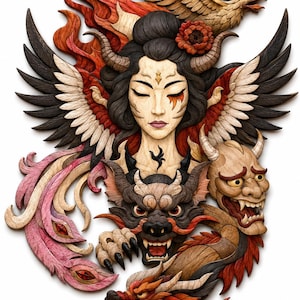 May include: A multi-layered wooden wall art piece featuring a central female figure with horns, flanked by large dark wings and a phoenix above. Below, a detailed dragon head and a horned mask are integrated into the composition with red, black, and natural wood tones.