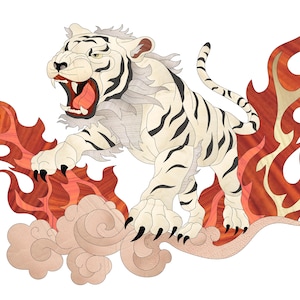 Puede incluir: Un tigre blanco con rayas negras ruge con la boca abierta, de pie sobre una nube con llamas detrás. El tigre está hecho de madera y tiene un diseño detallado.