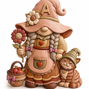 Garden Lady Wood Intarsia Pattern, Cat Lover Wall Art, Floral Gnome Decor (Digital Download)