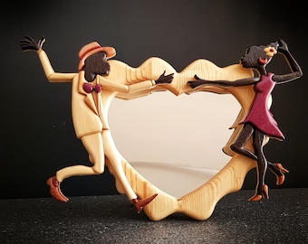 Heart Shaped Wood Mirror: Intarsia African Dancers Wall Art