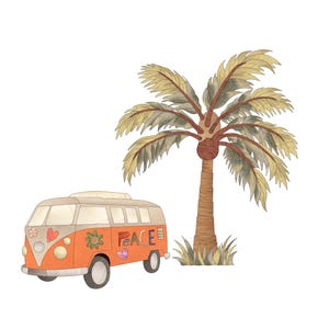 May include: Watercolor illustration of a vintage orange and cream-colored van with the word "PEACE" on the side, along with flower and heart details. A tall palm tree stands beside the van, with green grass at its base. The image has a retro, bohemian vibe.