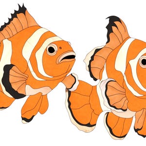 Puede incluir: Dos peces payaso naranja y blanco con marcas negras. Los peces nadan horizontalmente con la boca abierta.