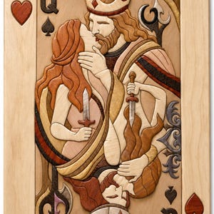 May include: A rectangular wooden wall art piece designed as a playing card featuring a king and queen kissing. The marquetry work uses various wood tones to depict the figures, each holding a small dagger. The card displays K and Q letters with heart and spade symbols in the corners.