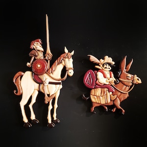Don Quixote & Sancho Panza Wooden Intarsia Art – Handmade Literary Home Decor, Knight - Squire Wall Figurines, Gift for Book Lovers