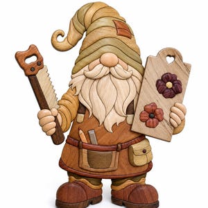 Mönster för snickargnomintarsia, PDF-design för rullsåg, verkstadsinspirerad träkonst, mall för träbearbetning