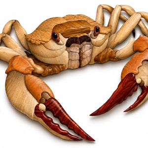 May include: A decorative crab sculpture crafted from various shades of natural wood. The piece features a detailed shell, multiple articulated legs, and two large, prominent claws with deep reddish-brown accents and black tips.