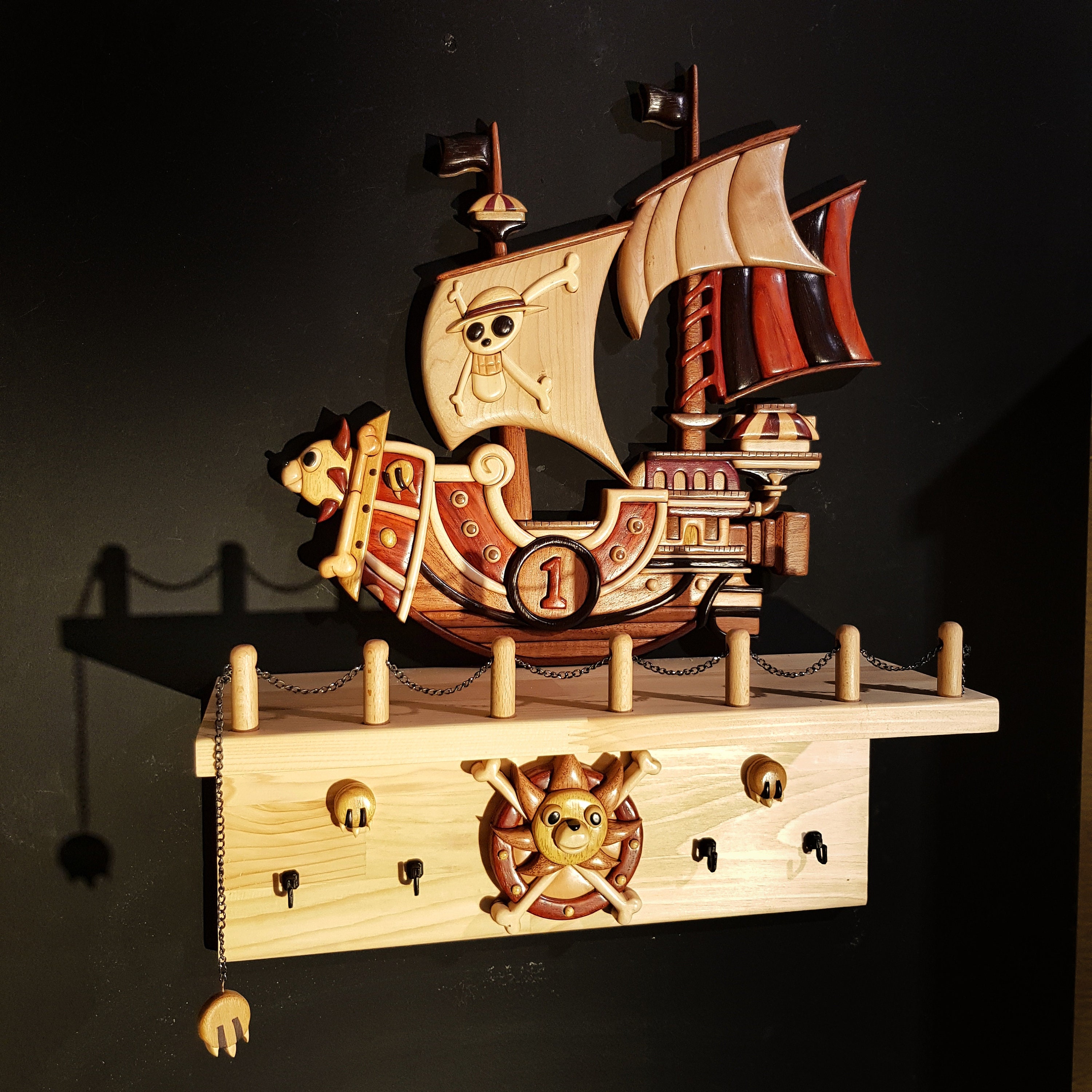 Handcrafted Intarsia Pirate Ship Shelf, Exotic Hardwood Nautical