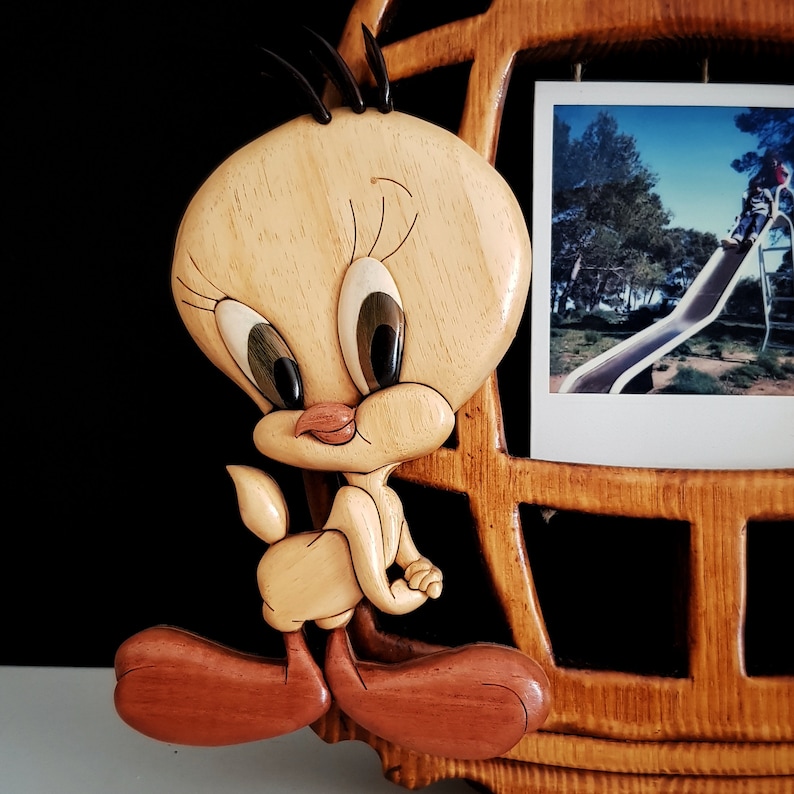 Puede incluir: Un marco de fotos de madera con un personaje de Piol&iacute;n tallado en la parte delantera. El marco tiene un inserto para fotos con una imagen de un ni&ntilde;o en un tobog&aacute;n.