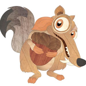May include: A cartoon squirrel made of wood with a large acorn in its paws. The squirrel has a large, toothy grin and one eye is wide open.