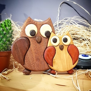 Handmade Wood Owl Couple Figurine: Intarsia Bird Art, Anniversary Gift