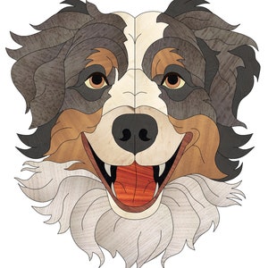 Puede incluir: Un primer plano de una obra de arte de mosaico de madera que representa la cara de un perro. El perro tiene pelo marrón, negro y blanco, y está sonriendo con la lengua fuera.