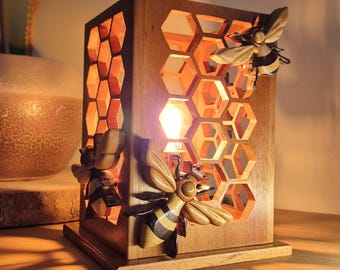 Bee Night Light Wood Lamp, Honeycomb, Handmade Wooden Ambient Light Decor