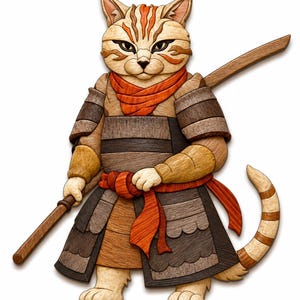 May include: A wooden wall art piece depicting a cat dressed in layered armor. The cat has light tan fur with orange stripes, wearing a dark brown and tan segmented suit with a bright orange scarf and waist sash, holding a long wooden staff.