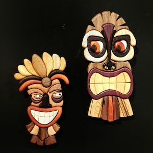 Handmade Wooden Intarsia Tribal Mask Wall Art, African Tiki Mask Decor, Polynesian Wall Hanging, Unique Wood Carving, Rustic Home Gift