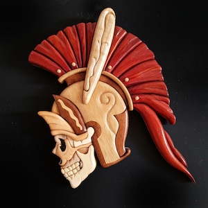 Handmade Gladiator Skull Wall Art: Intarsia Roman Warrior Helmet Decor