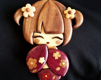 Tomoko, Japanese Doll,  Kokeshi, Wooden Kokeshidoll, Japanese Figurine, Wooden Intarsia, Wall Decor, Tabletop Decor, House Warming