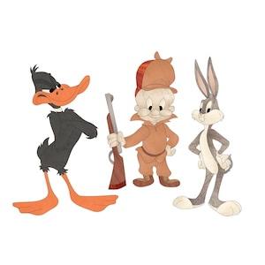 Könnte beinhalten: Illustration von drei Zeichentrickfiguren: Daffy Duck, Elmer Fudd mit einem Gewehr und Bugs Bunny. Daffy Duck ist schwarz mit einem orangefarbenen Schnabel und Füßen. Elmer Fudd trägt eine braune Jagdkleidung. Bugs Bunny ist grau und weiß.