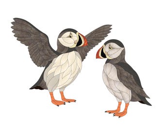 Puffin Intarsia Pattern Set, Seabird Couple Wood Art PDF, Coastal Decor Digital Download