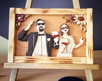 Gepersonaliseerd houten Intarsia-portret: aangepaste muurkunst stel, familieherinnering
