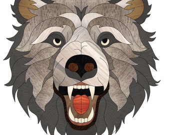 Patrón de intarsia de cabeza de oso salvaje, arte mural de oso enojado, carpintería de vida silvestre, descarga PDF